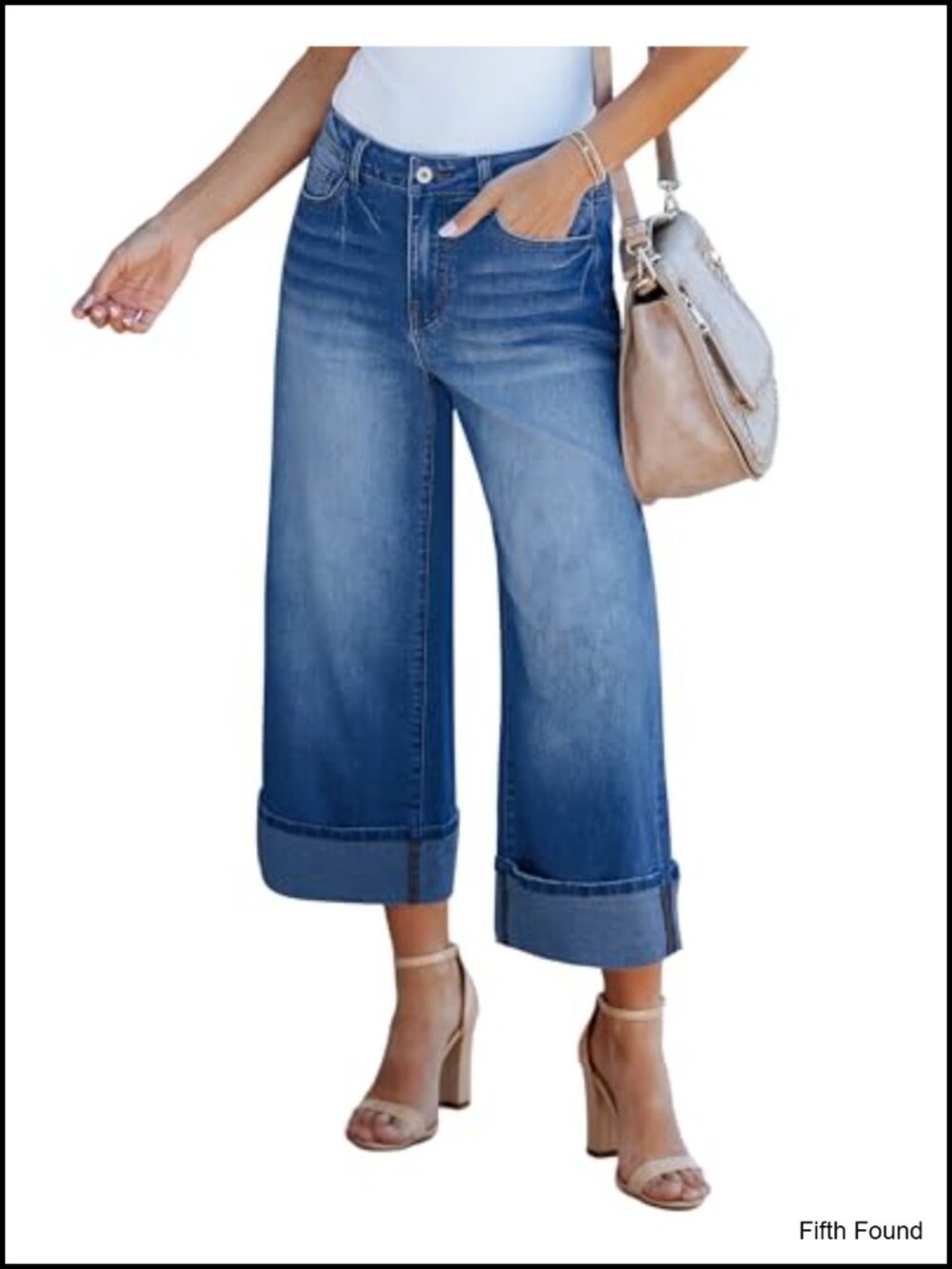 Wide Leg High Waisted Stretchy Denim Capri Jeans with Cuffed Hem